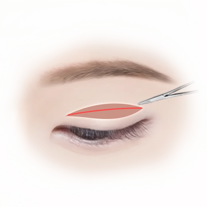 Зургийг хос зовхины мэс заслын үед зовхины хэсэгт зүсэлт хийх хэсгийг улаан шугамаар тэмдэглэсэн байна.