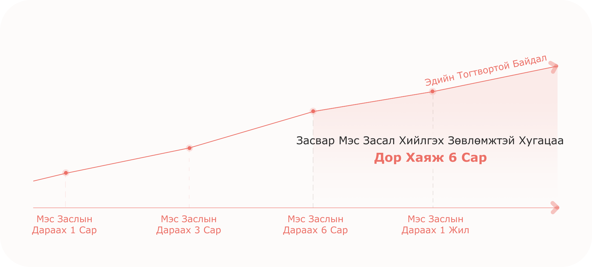 Плюс-Минус лифтинг мэс заслын эдийн тогтвортой байдлын хугацааны график, 6 сарын дараа засвар хийлгэх зөвлөмжтэй.